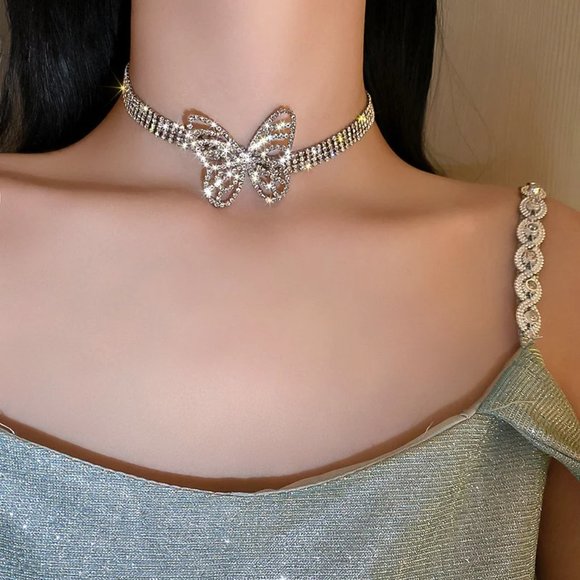 Rhinestone Butterfly Choker Necklace - Picture 2 of 4